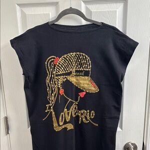 LOVE RIO Black T-Shirt /Swim Cover up with Dazzling Gold and Red Sequins- Size M